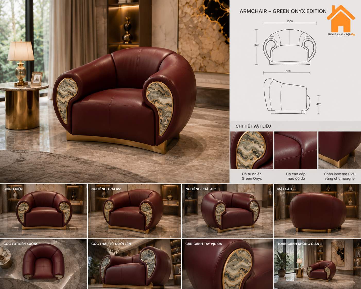 Ghế Armchair Cong Tay Vịn Ốp Đá Cẩm Thạch