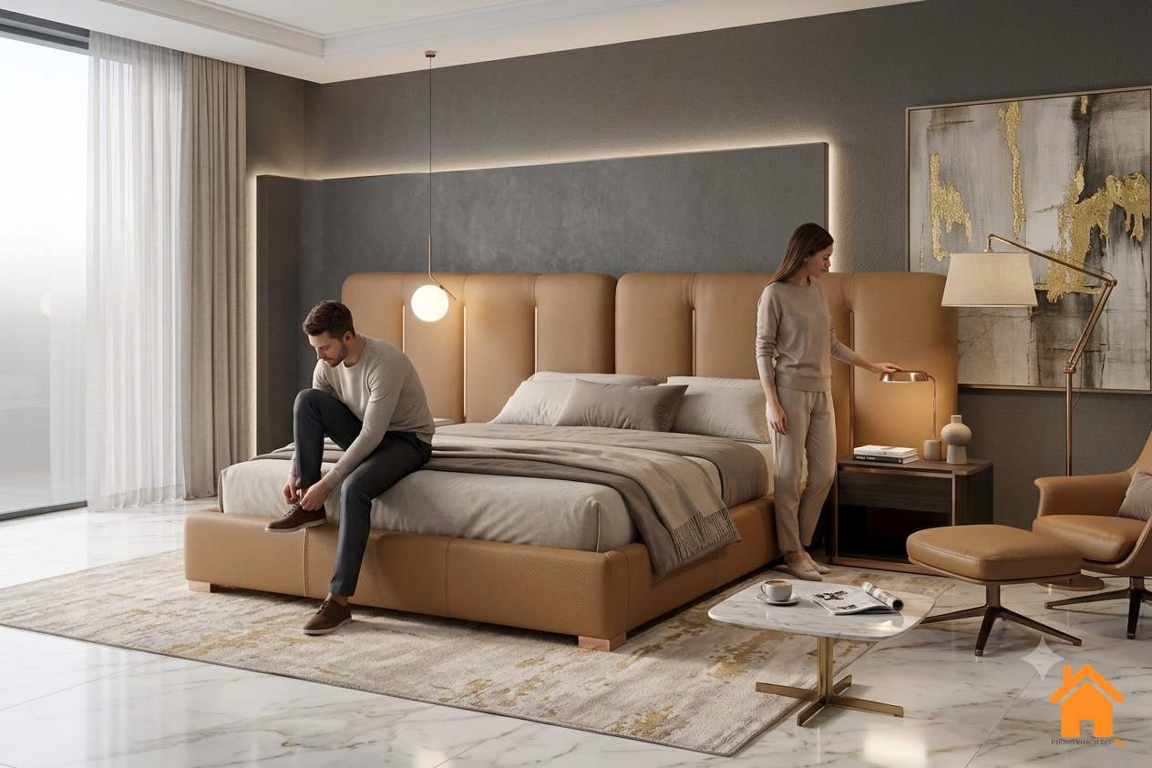 Giường Bọc Nệm Đầu Dài Hiện Đại PKD 01 12